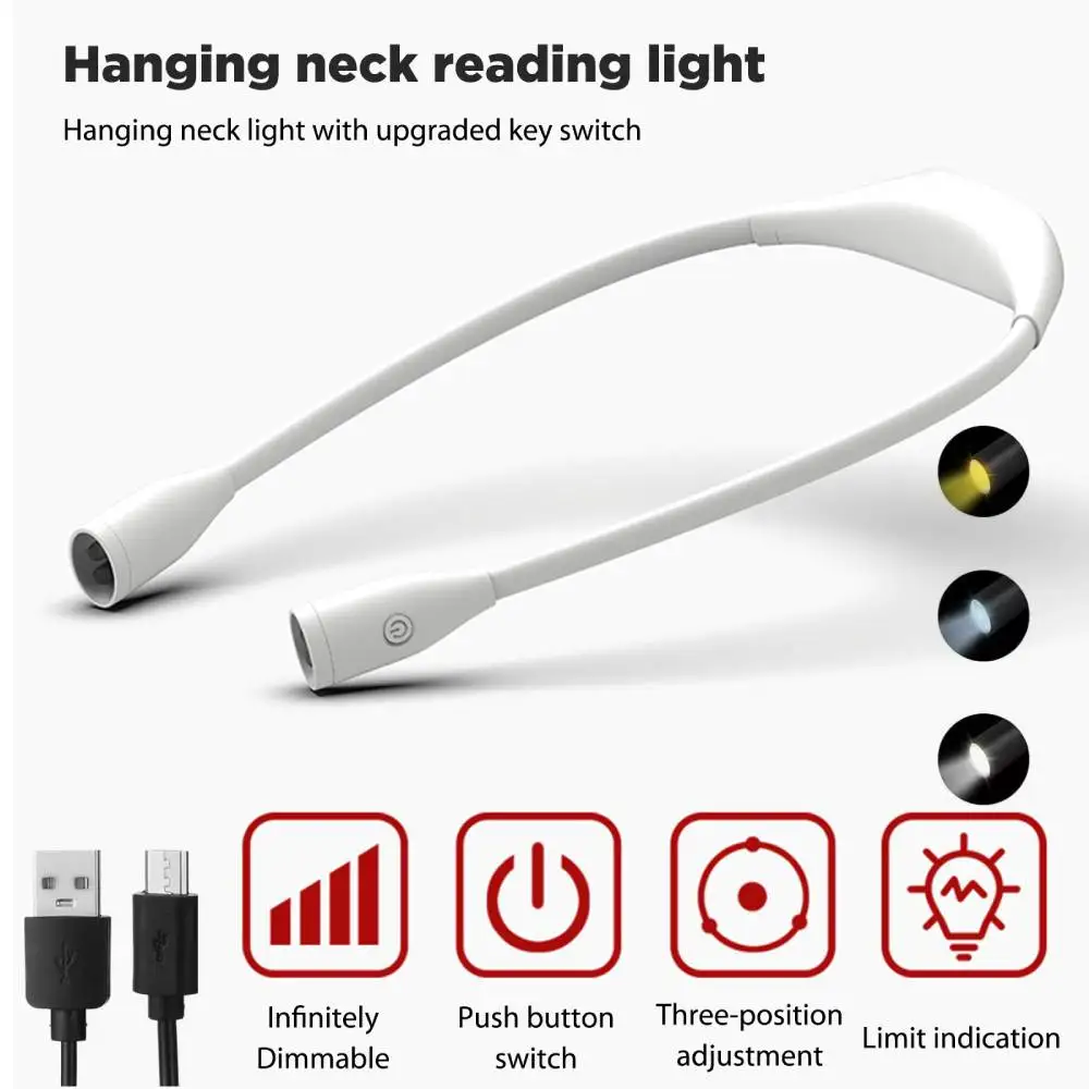 

Rechargeable LED Neck Reading Light – 3 Colors Night Lamp with Flexible Arm, Adjustable Neck Light for Reading Books & Bedside