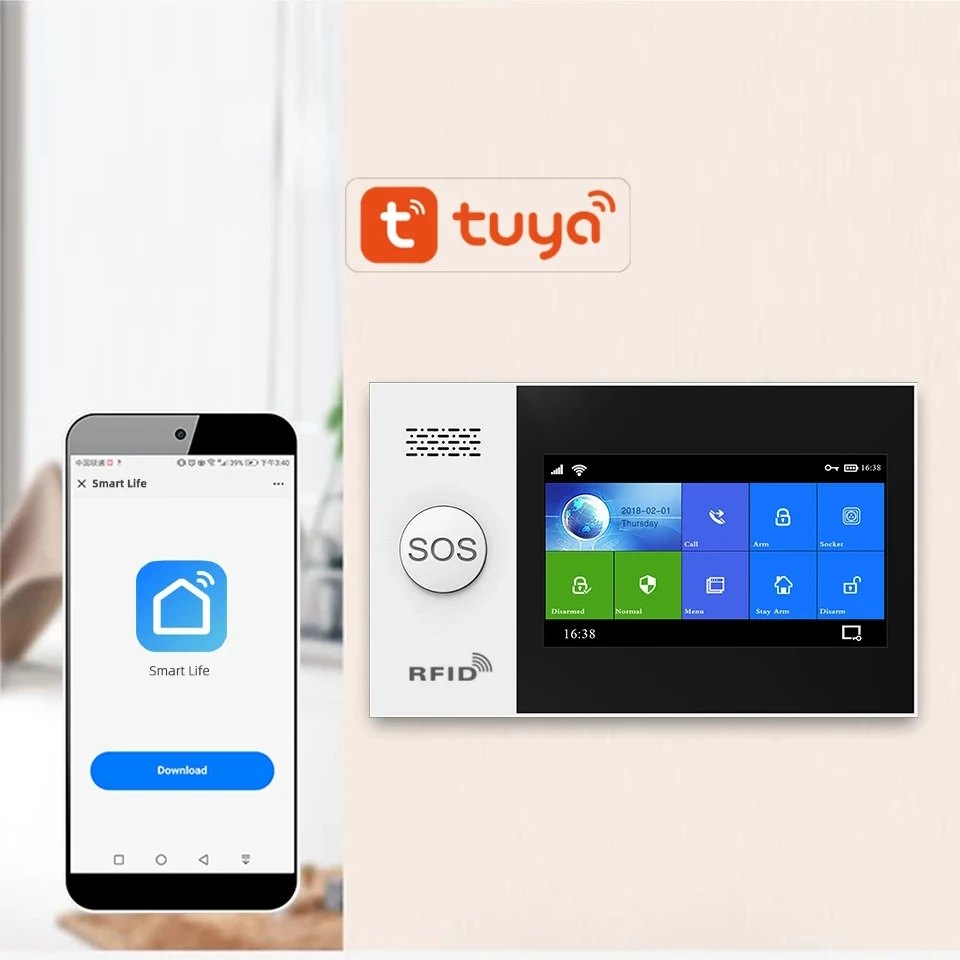 Tuya wifi gsm sistema de alarme app controle remoto painel de alarme switchable 9 idiomas sem fio de segurança em casa rfid cartão braço desarmar