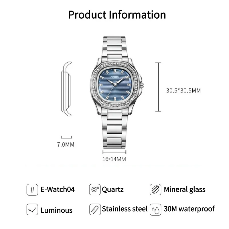 Quartz Watch for Women, Nautilus Series, 30.5mm Dial with Crystal Scale and Outer Ring Luminous Hands Stainless Steel Strap 3ATM