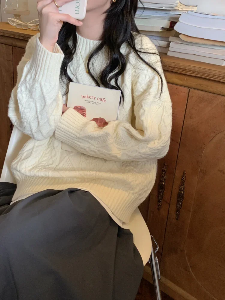 

Autumn Winter Women's Sweater New Year Special Edition Red Loose round Neck Pullover Knitwear Lazy Style Vintage Twist