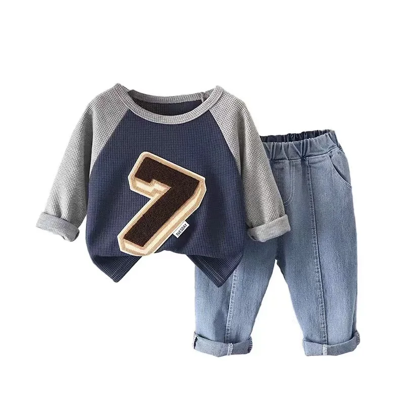 

Baby Boys Handsome Clothes Sets For Autumn Stitching Color Long Sleeve Print Sweatshirt+Jeans 2Pcs Children Casual Tracksuit New