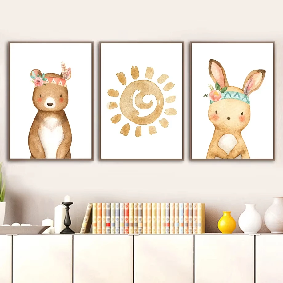 Bear Rabbit Moon Sun Rainbow Cloud Kindergarten Wall Art Printing Oil Painting Animal Poster Nordic Children's Room Decoration