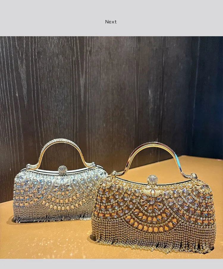 Metallische Strass-Diamant-Abendclutch mit Goldener Quaste, Luxuriöse Braut-Hochzeits-Party-Handtasche für Damen, Formelle Bankett- und Abschlussball-Tasche – Detail 6