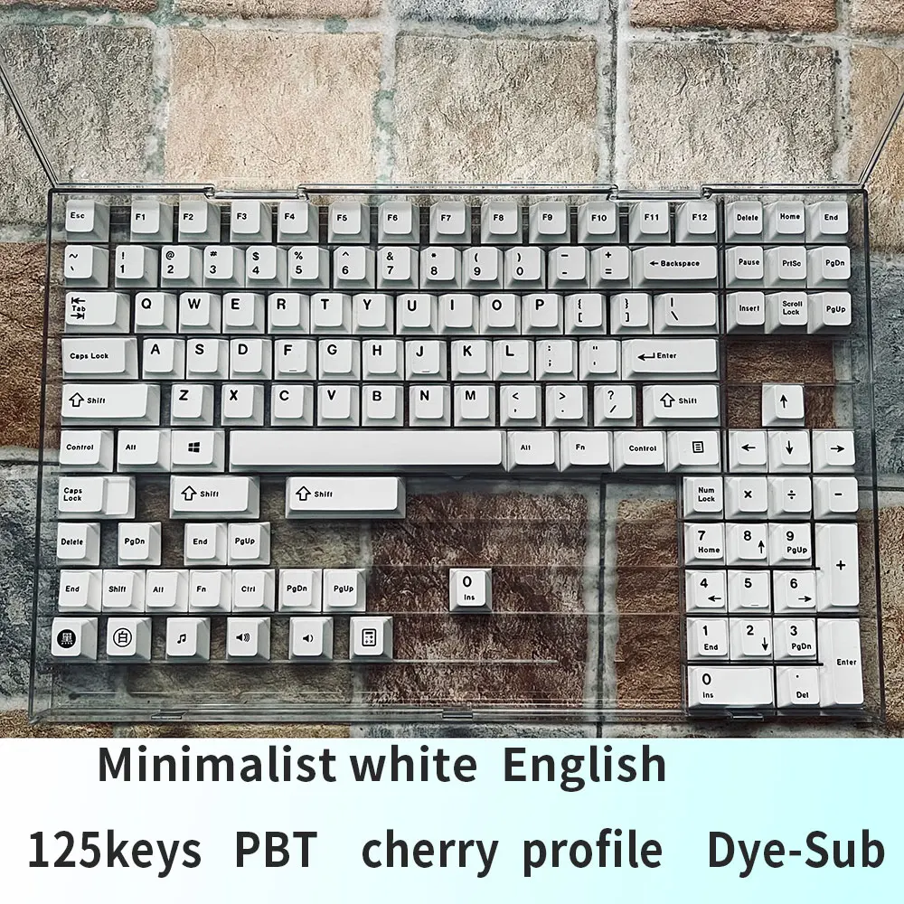 Minimalista Branco Inglês Keycaps, Dye-Sub Cereja Perfil, 125 Chaves, Material PBT, Em estoque