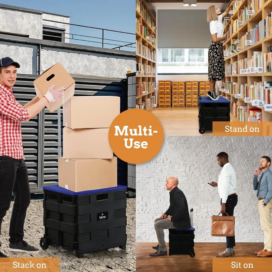 Collapsible UltraSlim PackNRoll2 Wheel Utility Cart with Lid That Doubles as a Seat for Up to 250 Lbs Telescopic Handle for Eas