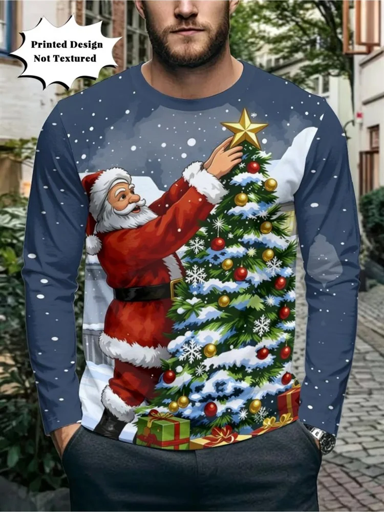 Men's Christmas Reindeer North Pole Long Sleeve T-Shirt Cute Snowflake Candy Cane Graphic Tee Pullover Tops Gift New 2026