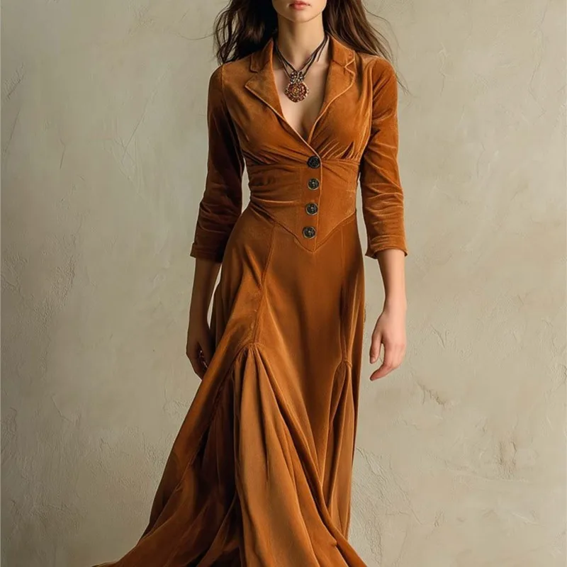 Gonna lunga in velluto elegante da donna autunno inverno moda tinta unita risvolto sottile pieghettato orlo fluido abito da ballo festa vestido