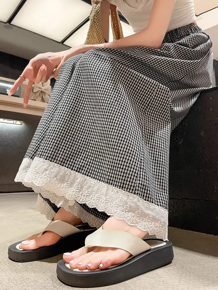 Gonna pantaloni a gamba larga con bordi in pizzo a quadretti in seta ghiacciata per donna, culotte estiva sottile e drappeggiata a gamba dritta corta taglie forti