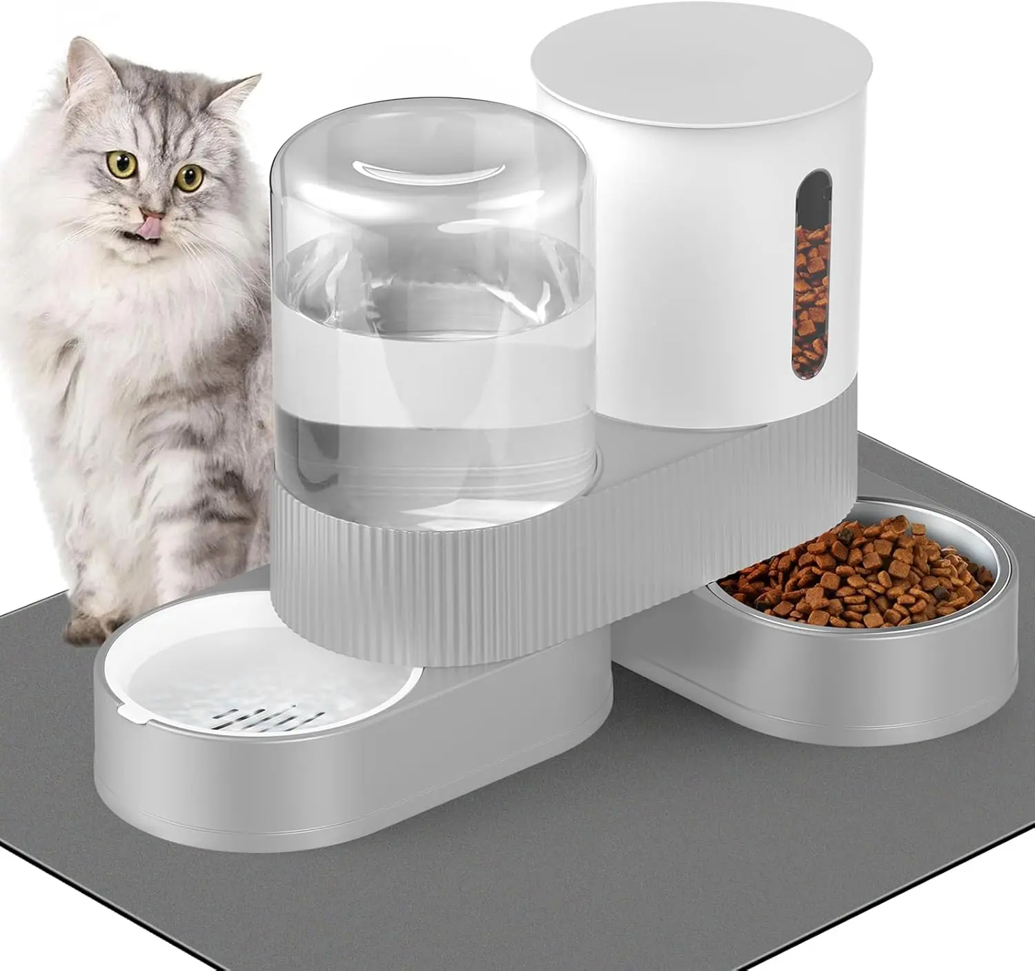 

2-in-1 Automatic Cat Feeder & Water Dispenser with Stainless Steel Bowl, 360° Rotatable, Non-Slip Mat
