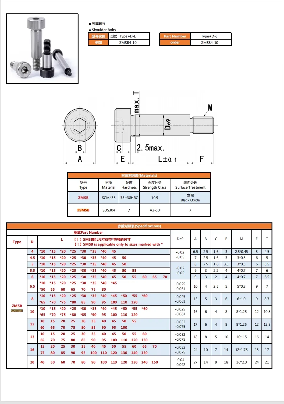 ZMSBL Professional Manufacturer High Precision Carbon Steel Hex Shoulder Bolts Screw