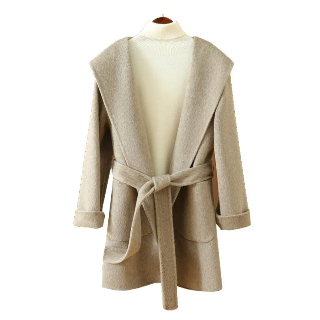 

Женское двустороннее шерстяное пальто с капюшоном, элитный осенне-зимний новый стиль, маленькая шляпа