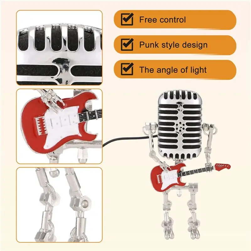 A71Z 2Pc Mic Rockbot,Metal Microphone Robot Table Lamp Holding Guitare Vintage Night Light,Vintage Microphone Robot Desk Lamp image 2