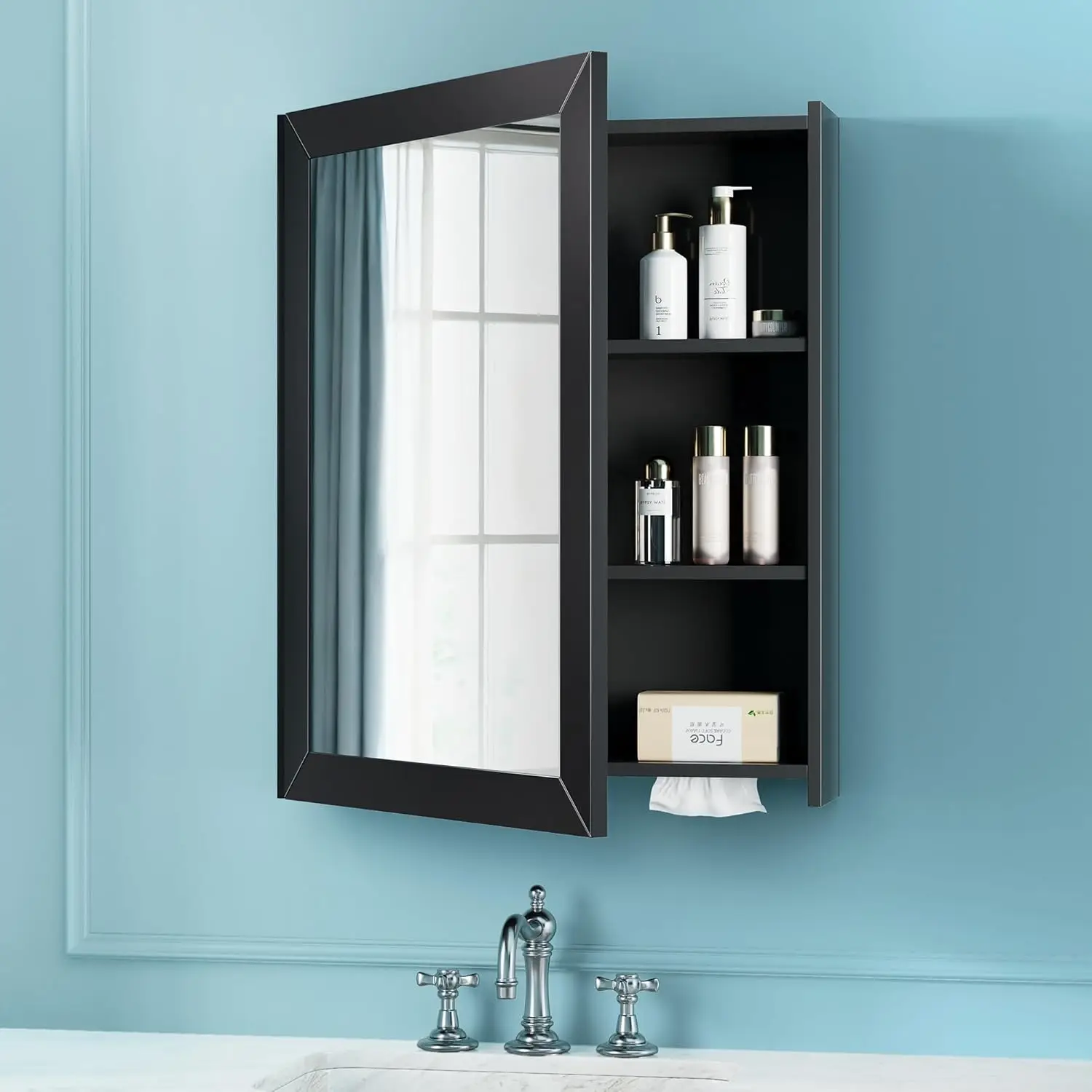 

Большой зеркальный шкаф для ванной комнаты с местом для хранения, регулируемыми полками и двусторонней дверцей для организации туалетного столика