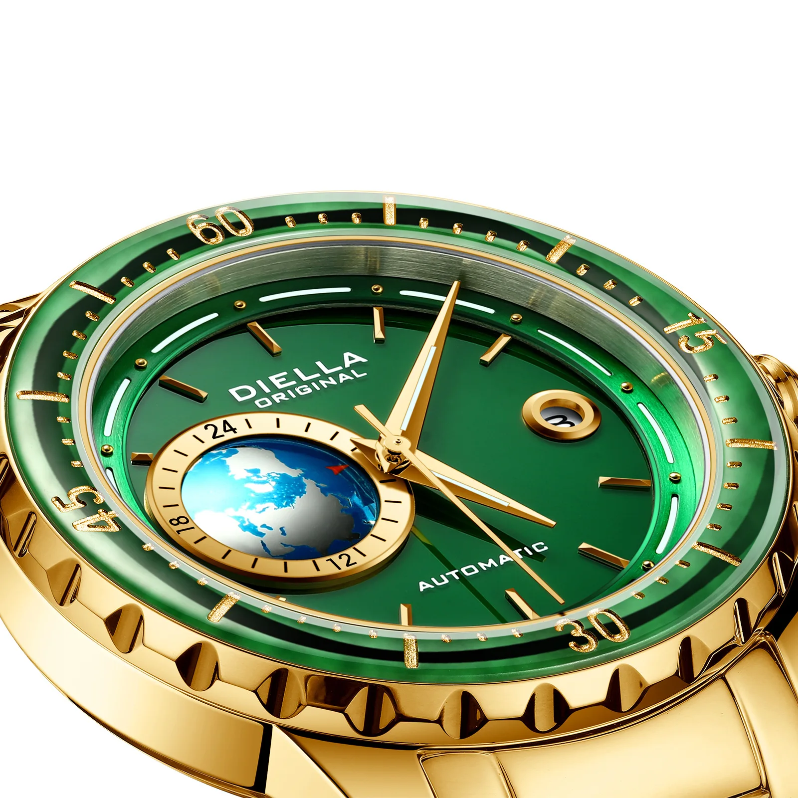 DIELLA Original Jade Mechanical Watch Men 3D Earth 24-hour Calendar Emerald Jade Steel Strap Japan Automatic Movement Wristwatch