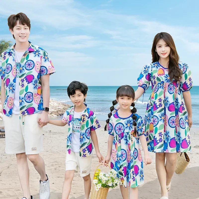 

Summer Beach Family Matching Outfits Mother Daughter Cute Dresses Dad Son Floral Shirt Holiday Seaside Couple Clothing Set