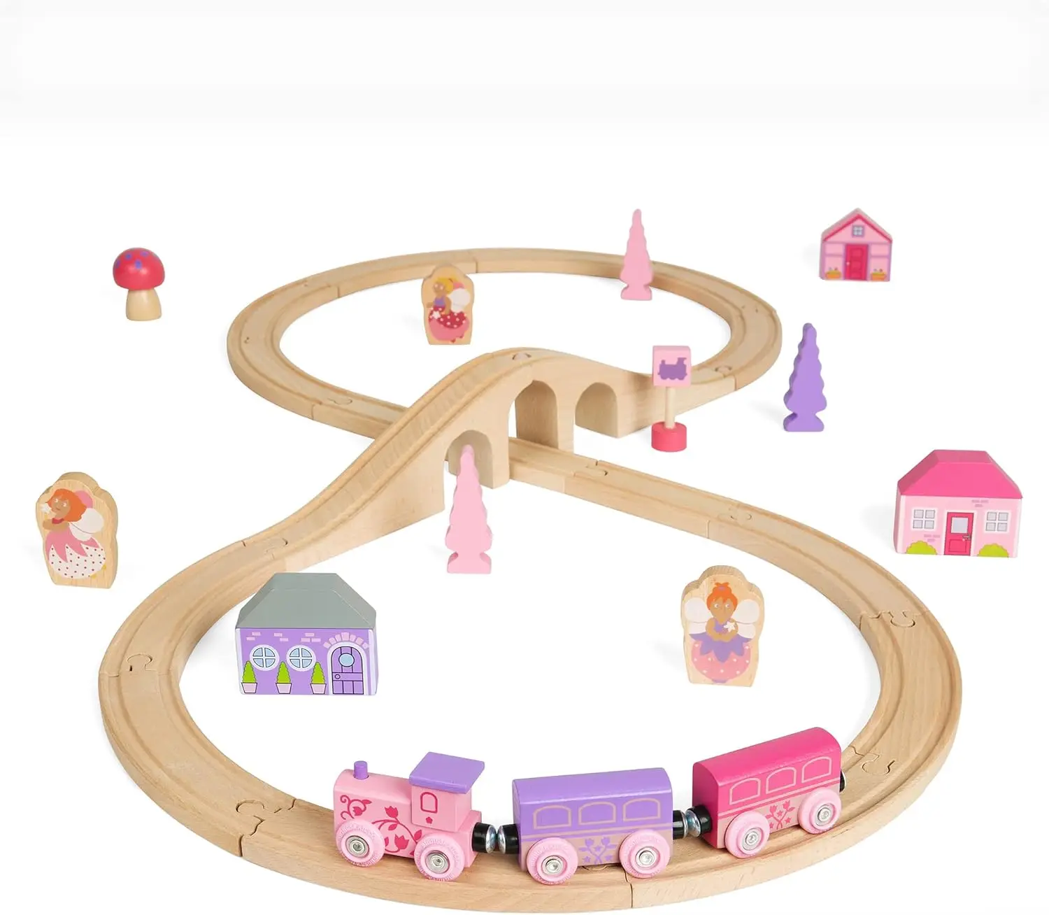 Set Kereta Api Bigjigs Rail Fairy Figure of Eight - 35pc Rel Kayu Pink, Kereta Api Mainan & Aksesoris, Mainan Putri untuk Anak-Anak, Compa