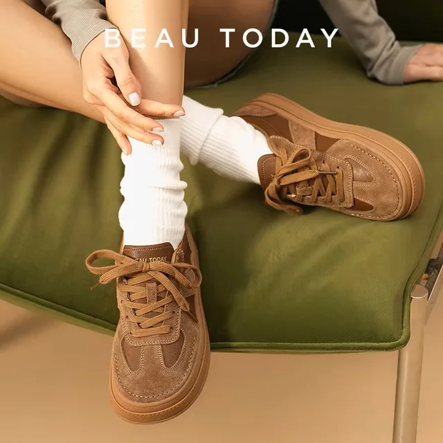 BEAUTODAY Casual Sneakers Women Cow Suede Split Leather Microfiber Patchwork Shoes Lace-up Female Traniers Handmade 29768