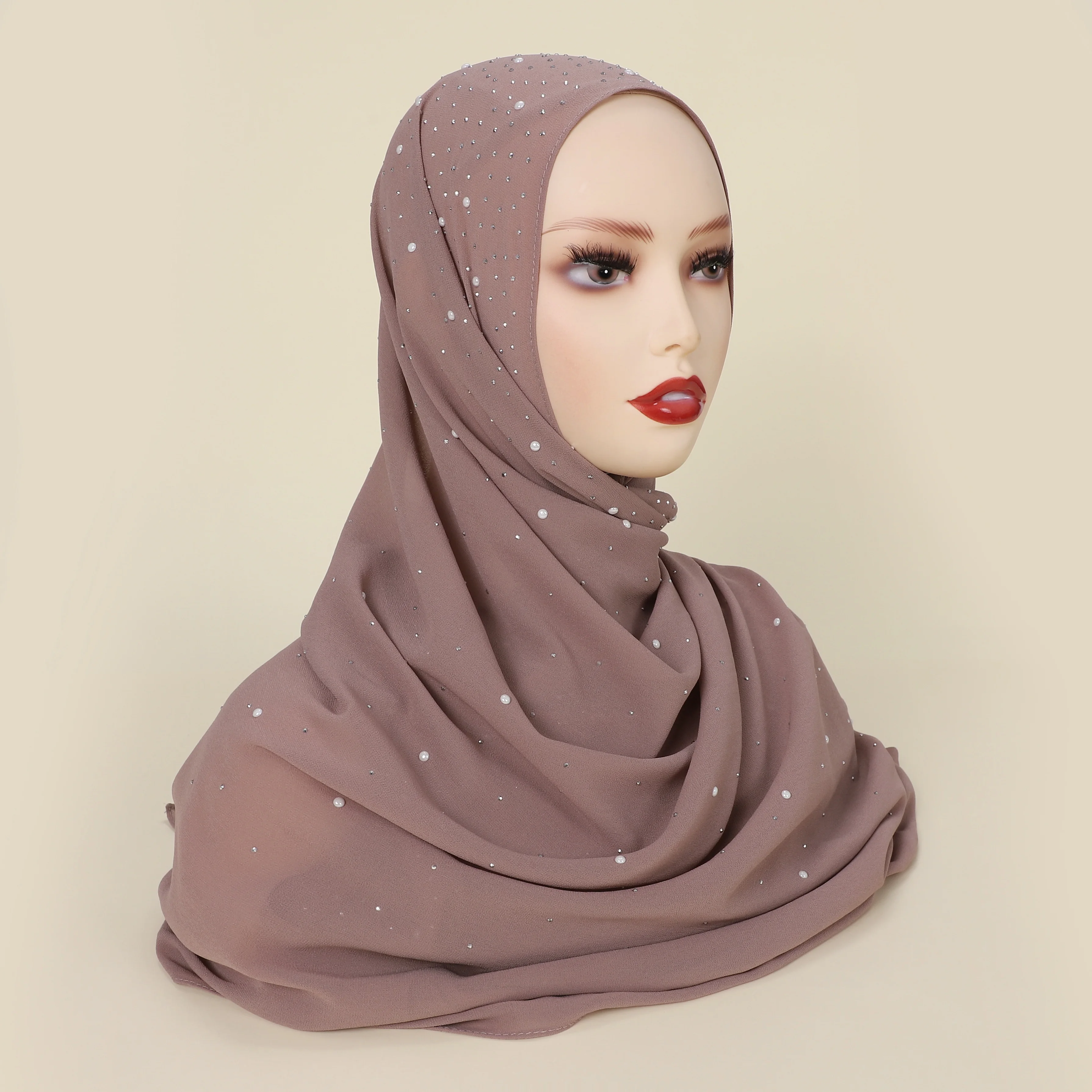 1pc Solid Color Chiffon Scarf With Faux Diamond Decor Thin Breathable Hijab Elegant Style Windproof Sunscreen Shawl