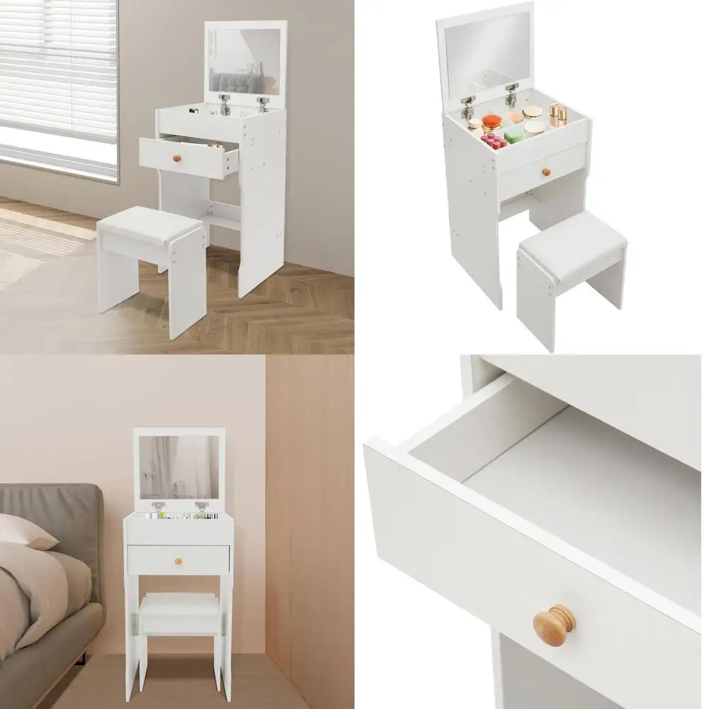 

White 2-in-1 Vanity Desk with Cushioned Stool, Compact Mirror & Drawers for Bedroom or Nightstand Use