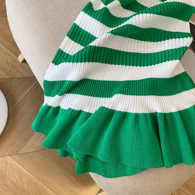 ZAROY Striped Knit Women Slim Long Dress Summer Streetwear O Neck Sleeveless Ruffle Elastic Dress Elegant Party Evening Vestidos