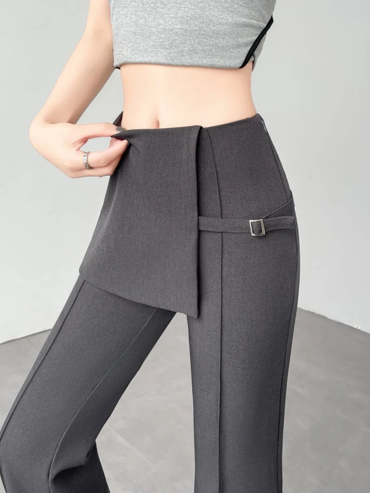 Gray High Waist Flared Suit Pants Women's Summer Casual Drapey Slimming Floor-Length Bell Bottom Trousers Commute Style