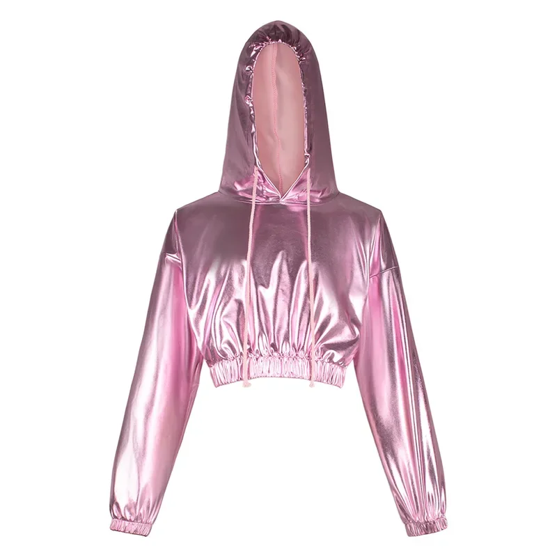 Sexy Cropped Holographic Hoodies Women Shiny PU Metallic Hoody Sweatshirt Pants Drawstring Pullovers Streetwear Cosplay Costume