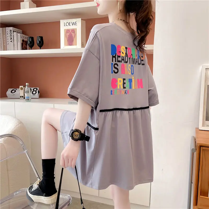 Fashion O-Neck Folds Printed Color Letter Casual Dress Female Clothing 2024 Summer New Oversized All-match Short Sleeve Dress