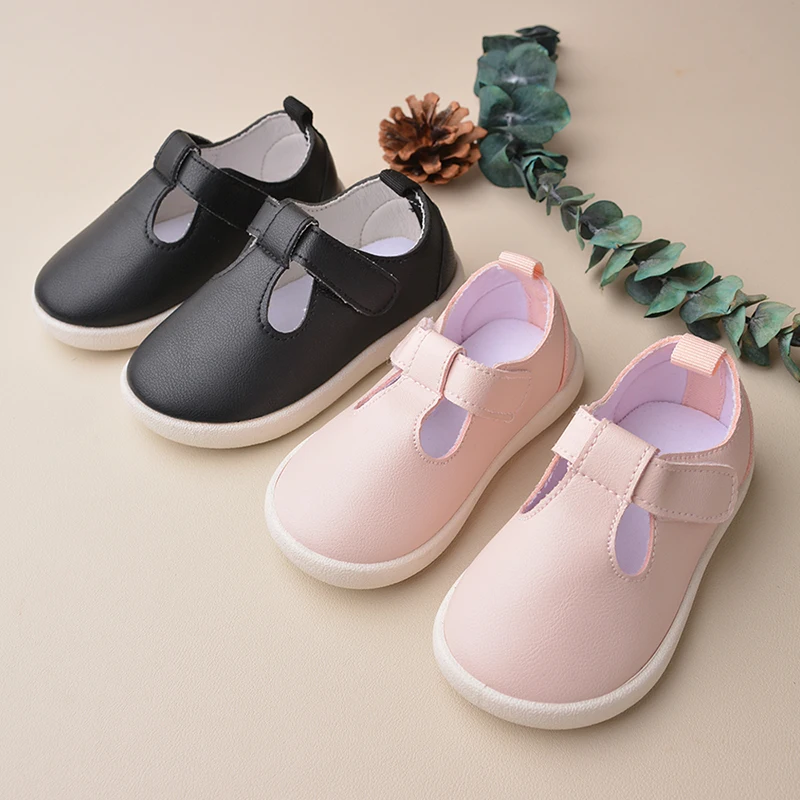 Girls\' Fashionable Pink and  Black Comfortable Outdoor Breathable  Anti -Slip Flat Footwear Lovely Dressing Shoes  EK9S65