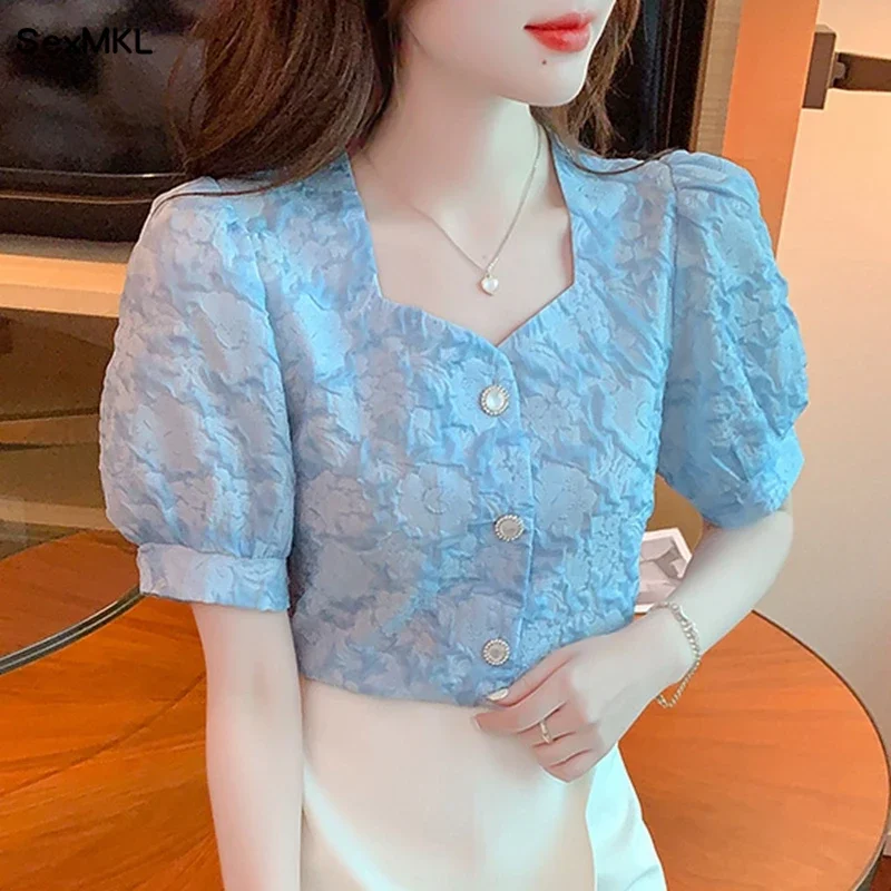 Vintage Summer Chiffon Shirts Women 2024 Elegant Fashion Short Sleeve Casual Blusas Korean Style White Puff Sleeve Tops Blouses