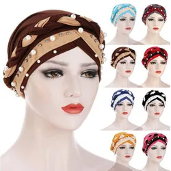 Indian Muslim Women Two Color Hijab Milk Silk Chemical Hat Braided Bead Hijab Islamic Hijab Ladies Bicolor pearl Baotou Cap