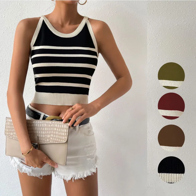 

Black White Striped Knitting Tank Top Women Halter Crop Tops Backless Sleeveless Bare Midriff Female Tube Top Cropped Vest