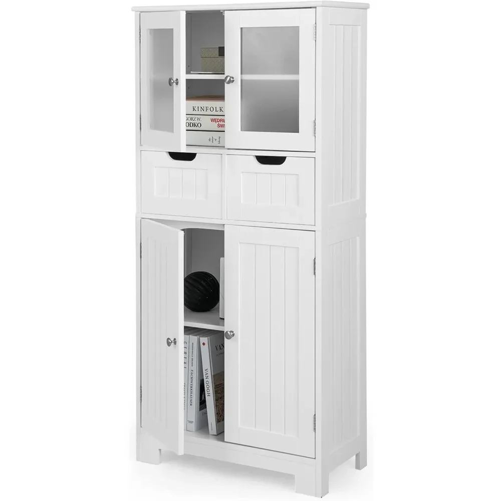 Tall Bathroom Storage Cabinet, Freestanding Floor Cabinet w/2 Double Door Cabinet & 2 Drawers, 3-Position Adjustable Shelves