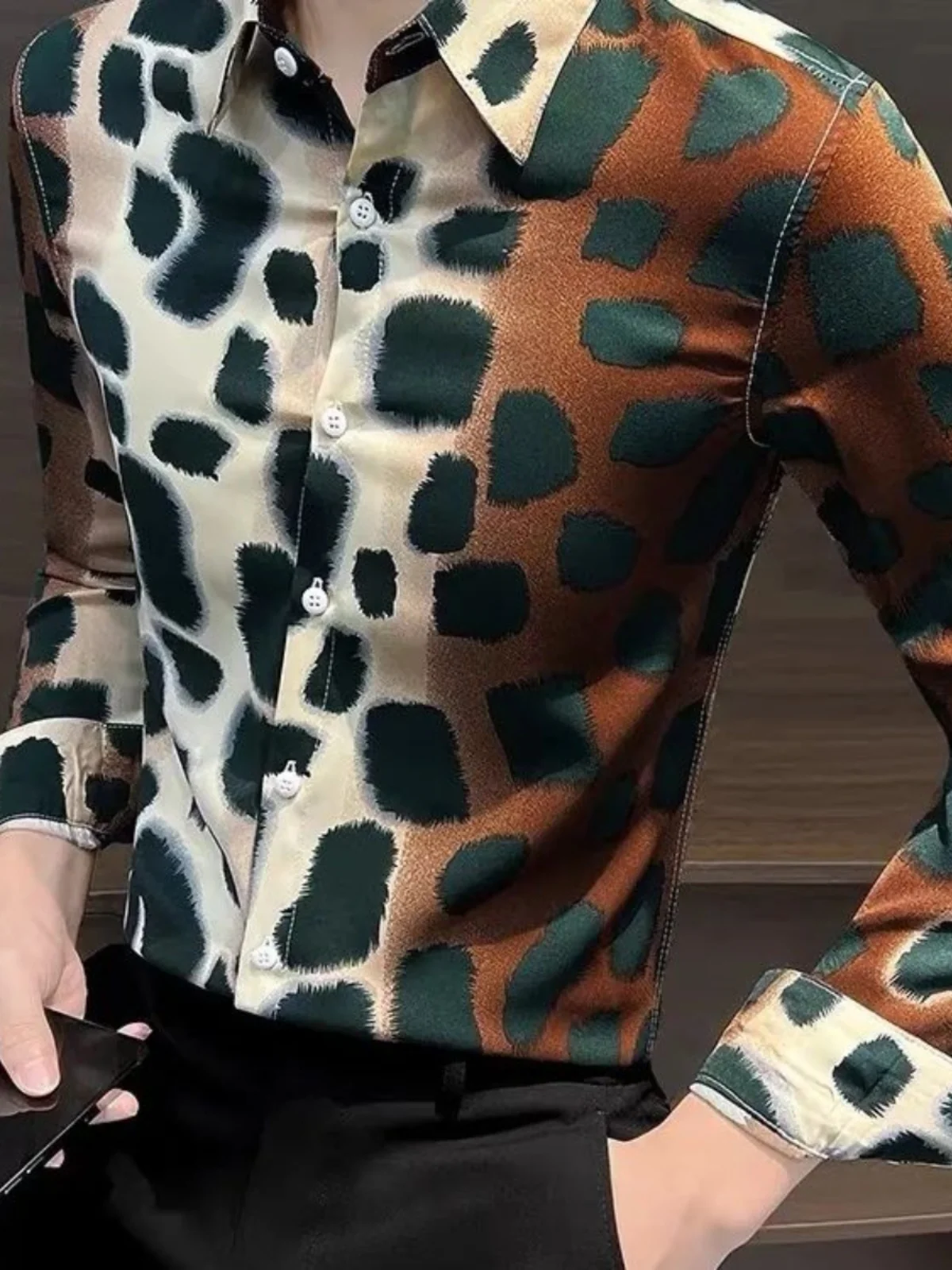 Men's Long Sleeve Shirt Leopard Print Slim Fit Autumn High End Fashion Stylist Brand Standard Edition Point Collar Business S...