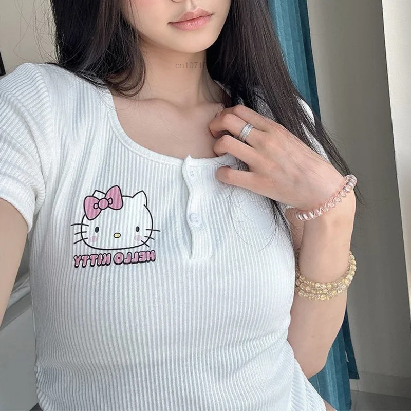 Sanrio Hello Kitty T-shirt met korte mouwen voor dames, lieve roze cartoon print, pittig meisje, slanke korte tops, zomer trendy kleding