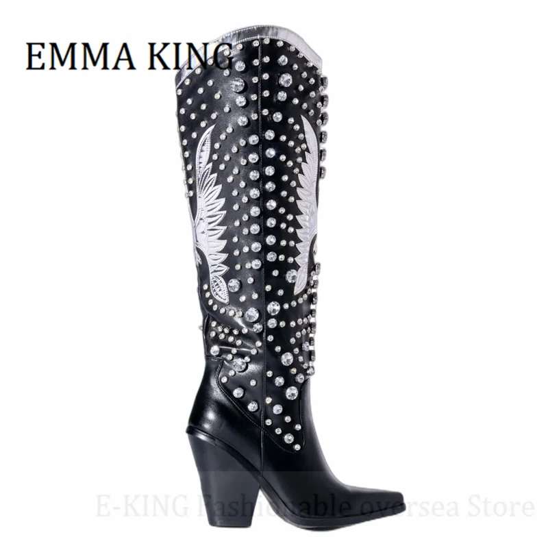 Women Rhinestone Embellished Western Boots Sexy Pointed Toe Wedge Heels Botines De Mujer Autumn Winter Cowboy Knee High Boots