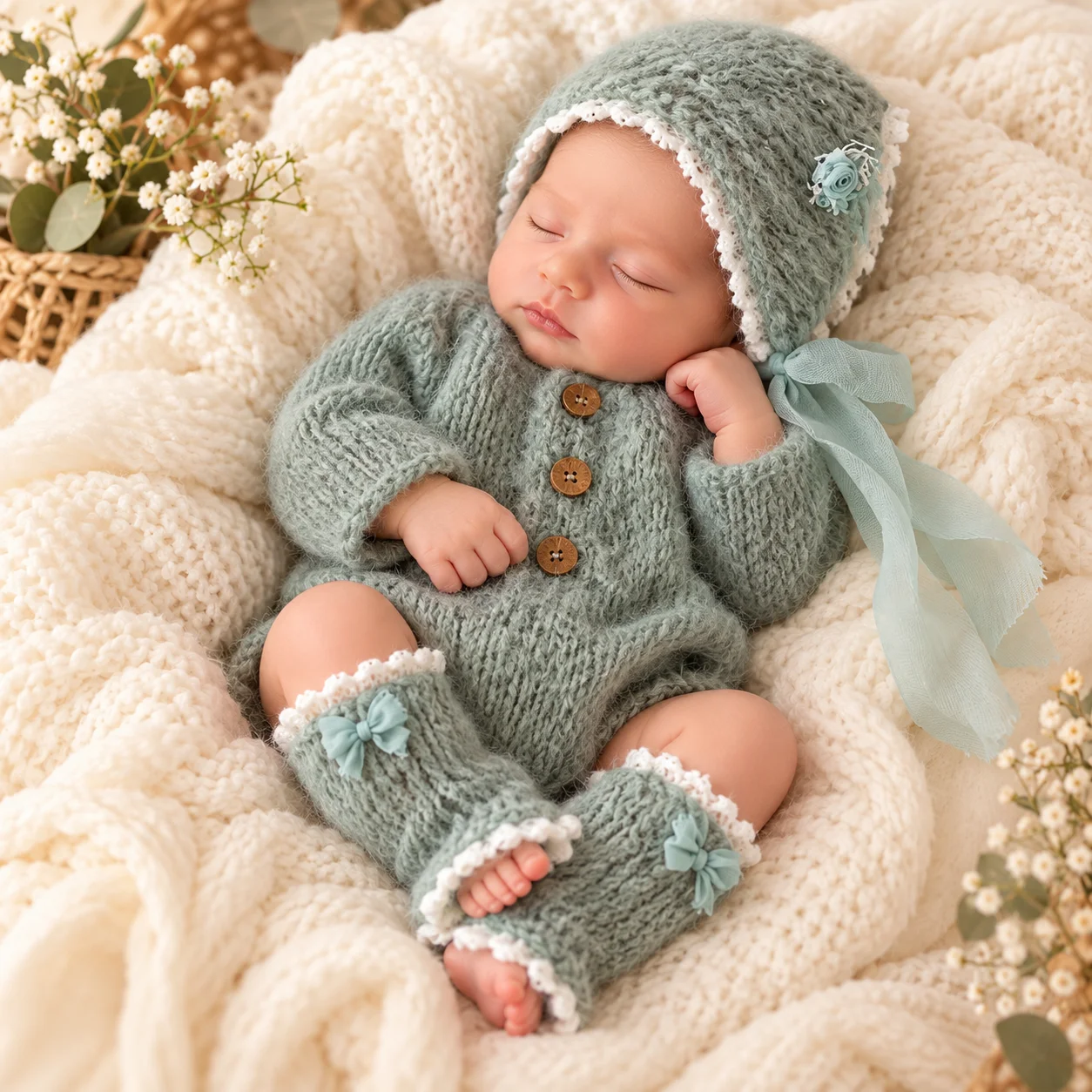 Newborn Photography Props Knitted Romper Bonnet Leg Warmers Set Baby Girl Boy Infant Photo Shoot Outfit Costume Accessories