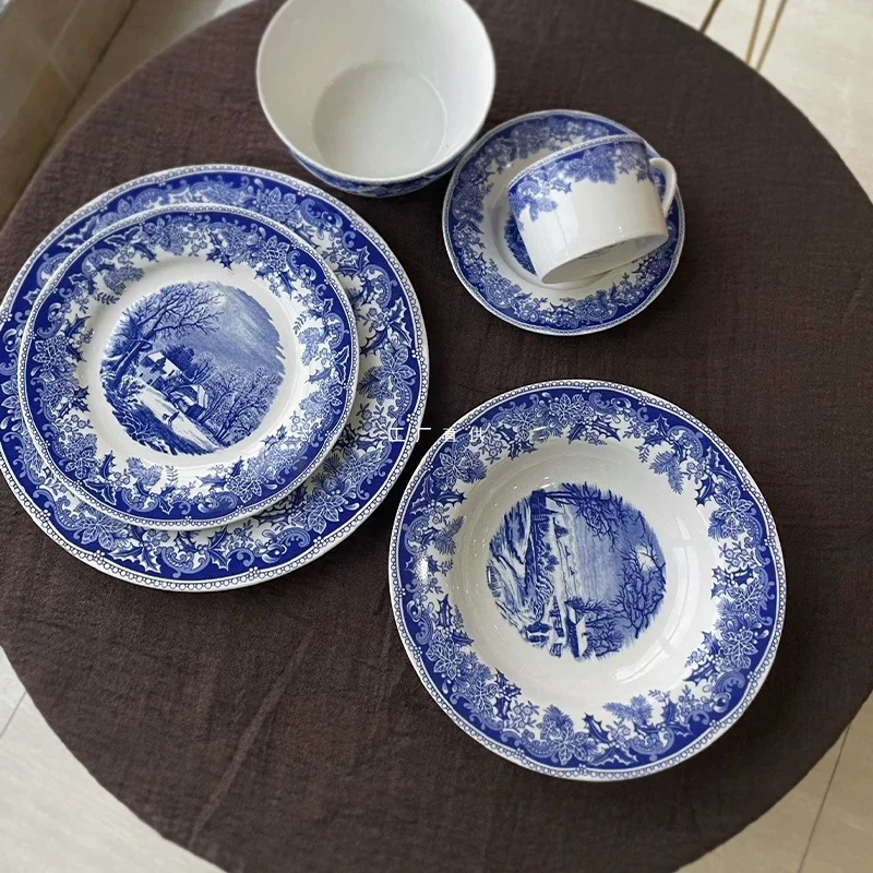 American Country Style Winter Snow Scenery Glazed Color Ceramics Pasta Steak Plate Afternoon Tea Coffee Cup and Saucer Mug