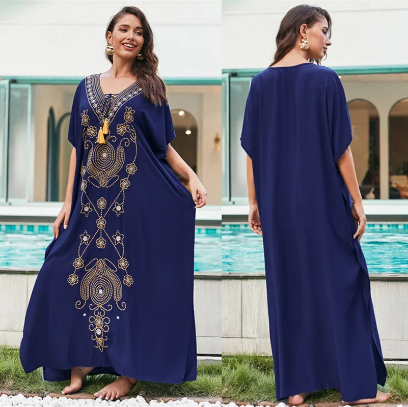 قفطان مطرز باللون الكحلي للنساء ، سترة للشاطئ ، غطاء للبيكيني ، ضمادات فضفاضة ، رقبة على شكل حرف V ، ملابس سباحة ، سترة رشيق ، ملابس شاطئ