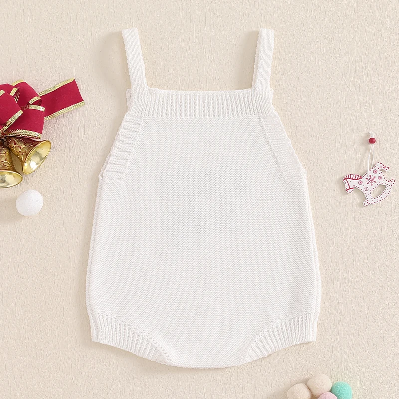 Baby Christmas Knit Overalls Sleeveless Square Neck Letter Embroidery Sweater Romper