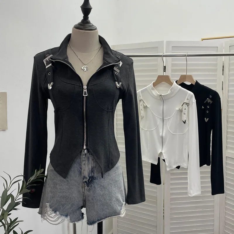 

Women's Casual Irregular Zipper Stand Collar Slim Short Small Jacket Versatile Brushed Long-sleeved Bottoming Shirt Top 2680