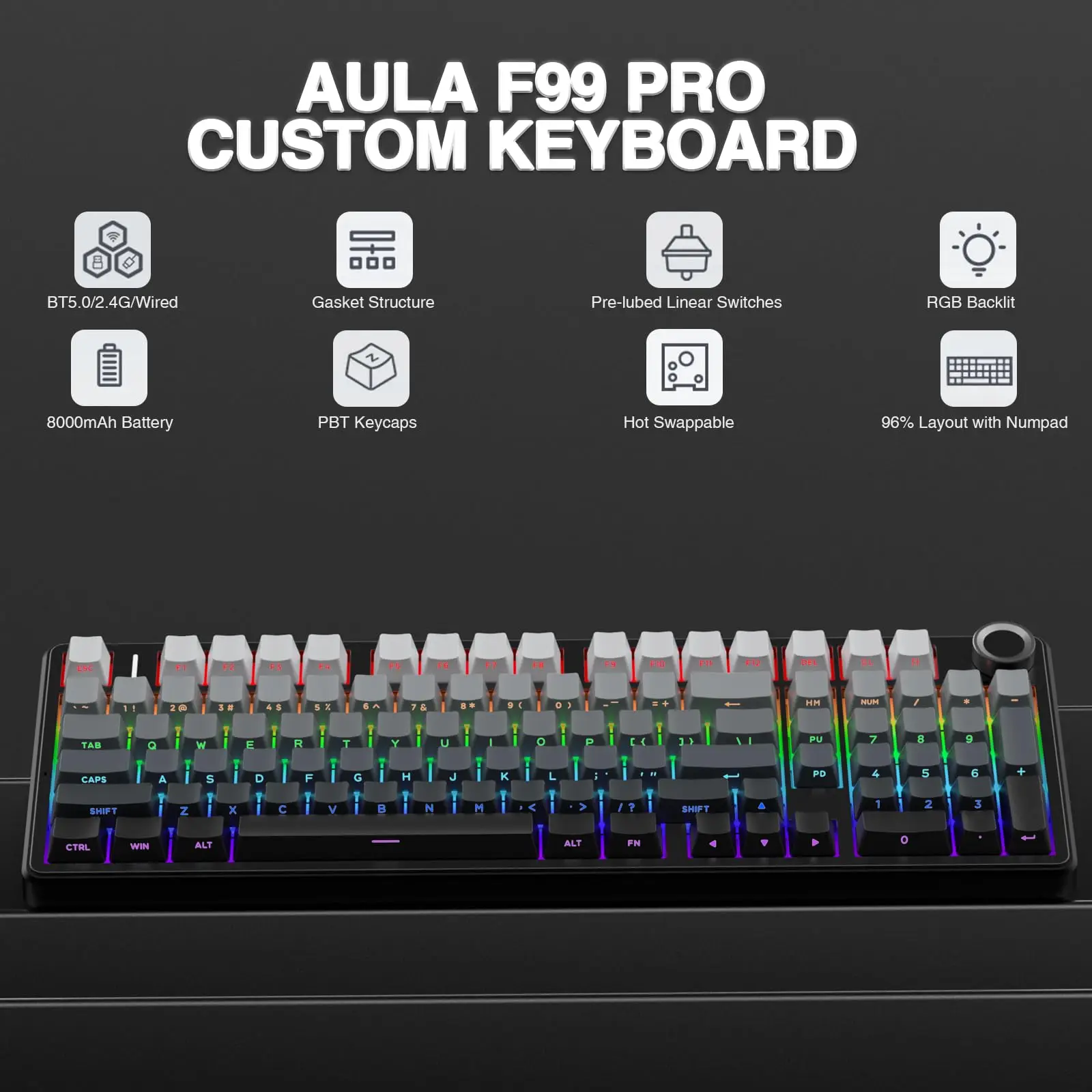 AULA F99 PRO 96% Wireless Mechanical Keyboard, Side-Printed Gradient Black PBT, Full Numpad 8000mAh, Gasket Hot-Swap, Creamy RGB