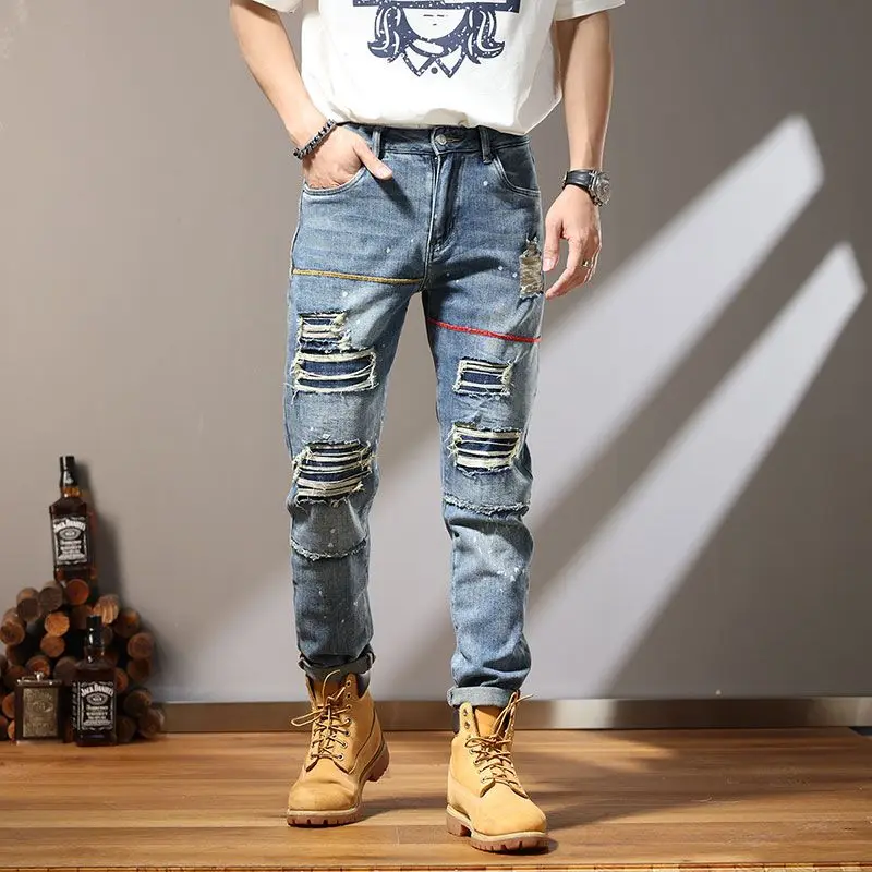 

Handsome retro personalized embroidery and printed pattern men's jeans Fashion 2023 casual pants skinny jeans men ripped jeans