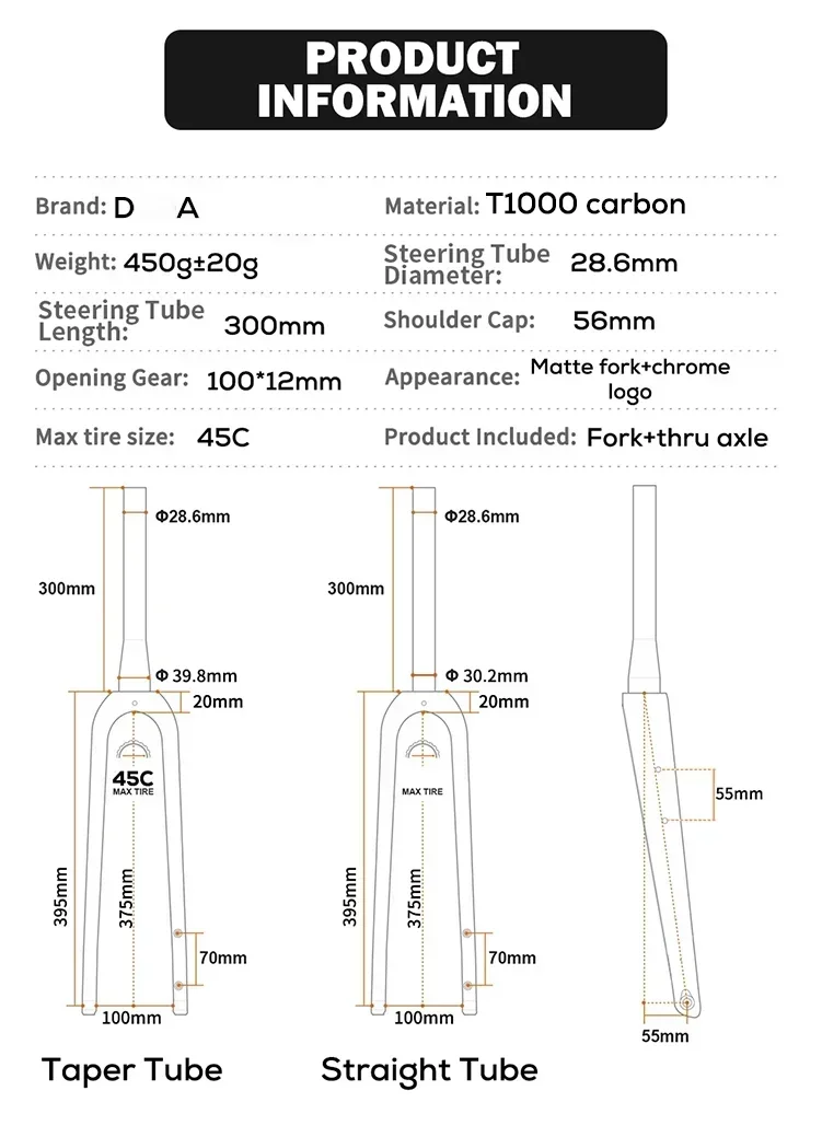 DA Carbon Gravel Fork Internal Cable Routing 450g Full Carbon - T1000 Matte Finish Max 45C Tire Compatible | Gravel Bike Builds