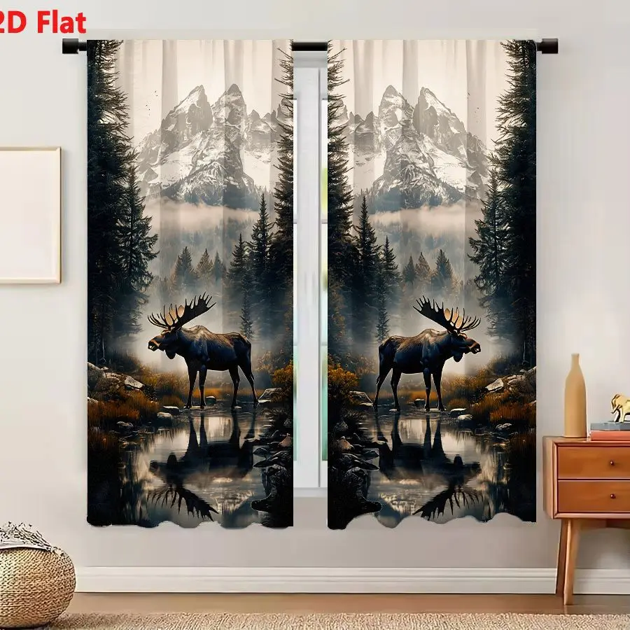2Pcs Curtains 2D Flat Serene Wilderness Landscape With Two Moose And Snow Capped Mountains Window Drapes for Bedroom Room Decor