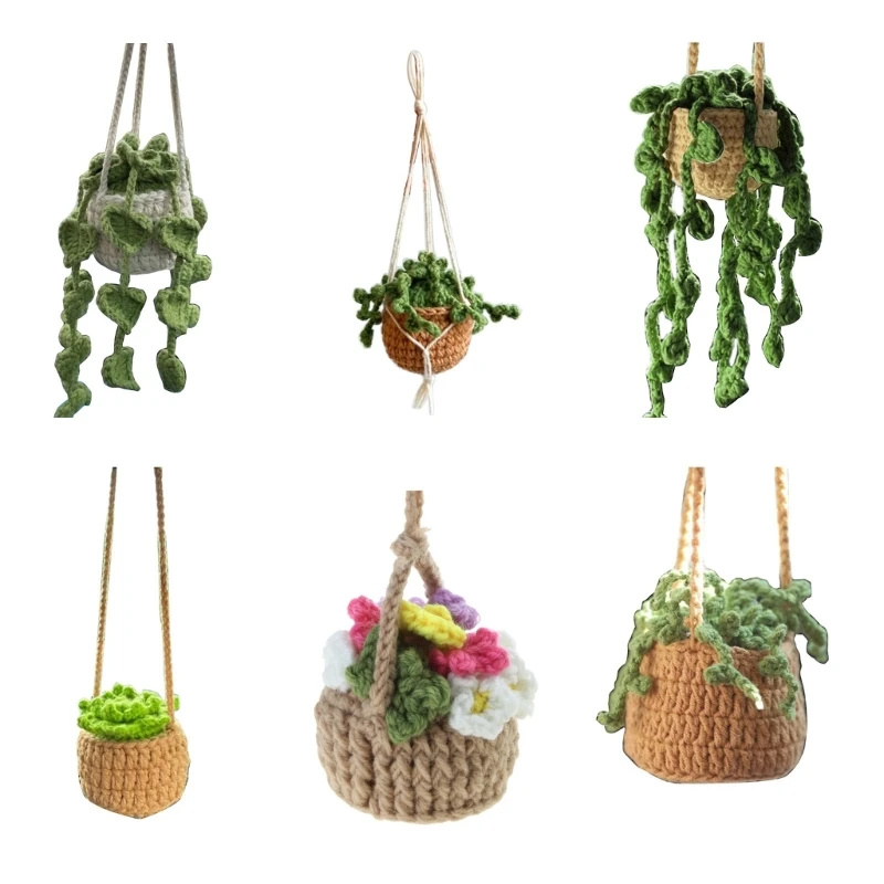 Multi-style Cute Potted Plants Crochet Car Mirror Hanging- Accessories Cute Car Accessories for Women Men Handmade Gift