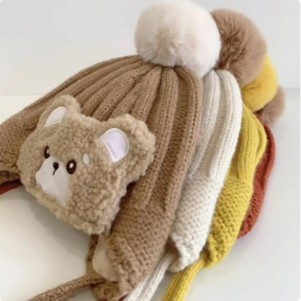 Warm Big Pompom Baby Winter Warm Hat Windproof Soft and Breathable Cartoon Bear Thick Ear Protection Cap Woolen Yarn