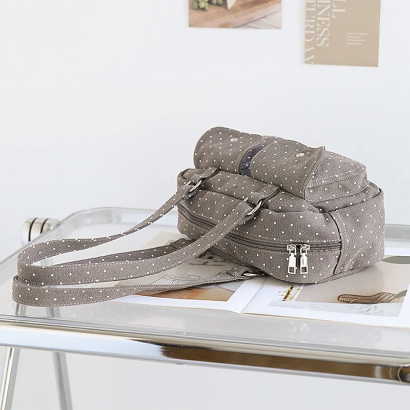 Mehrfach-Taschen-Schultertasche mit Polka Dots, Damen-Canvas-Tragetasche, Koreanische Lässige Süße Niedliche Pendler-Einkaufs-Reisetasche – Detail 5