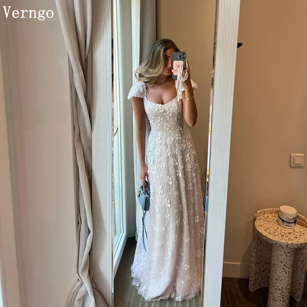 Verngo lvory Appliques Tulle Bridal Gowns O Neck Short Sleeves A Line Slim Bridal Dresses Zipper Elegant Bride Gowns Customized