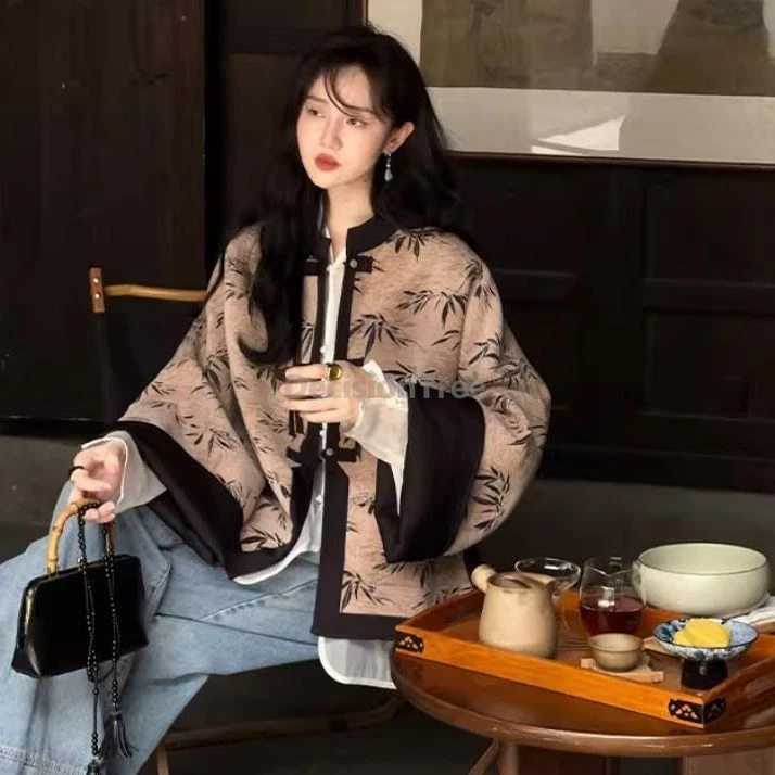 معطف بدلة تانغ صيني مطبوع عليه حبر عتيق لعام 2025 معطف خريفي فضفاض غير رسمي أنيق متعدد الاستخدامات ملابس زن فنية للأدب