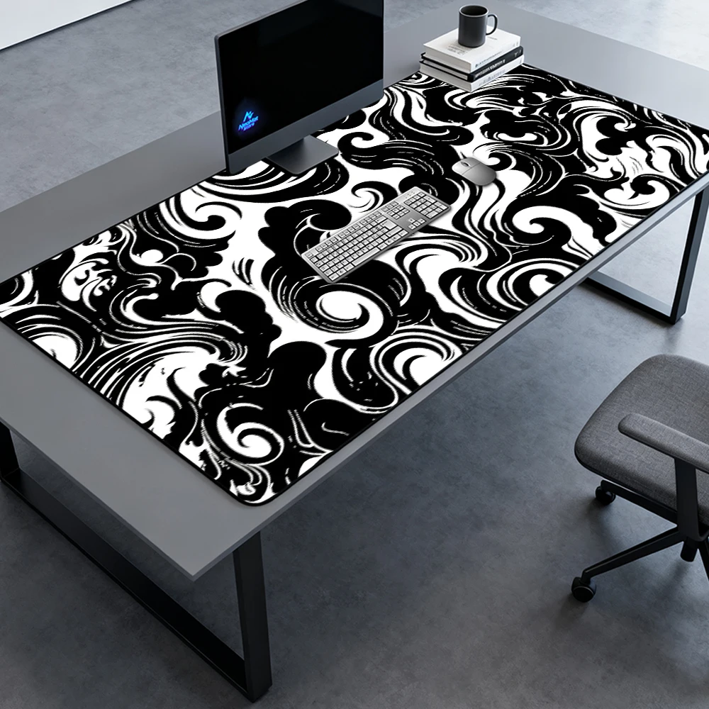 Swirl Desk Mat Large Black White Abstract Deskmat 140x60 Smooth Gaming Mousemat Full Desk Pad Nonslip Setup